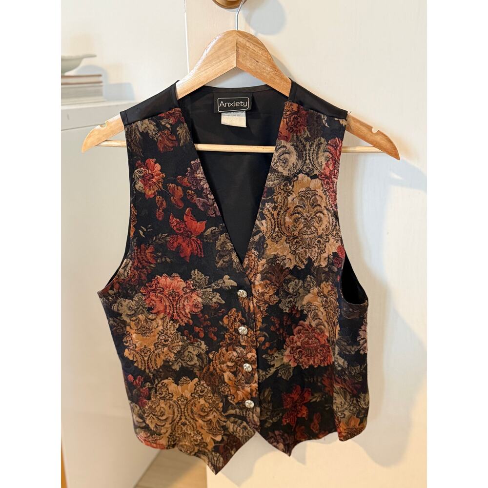 Anxiety Vintage Floral Tapestry Vest Boho Button Front Waistcoat Large ✨